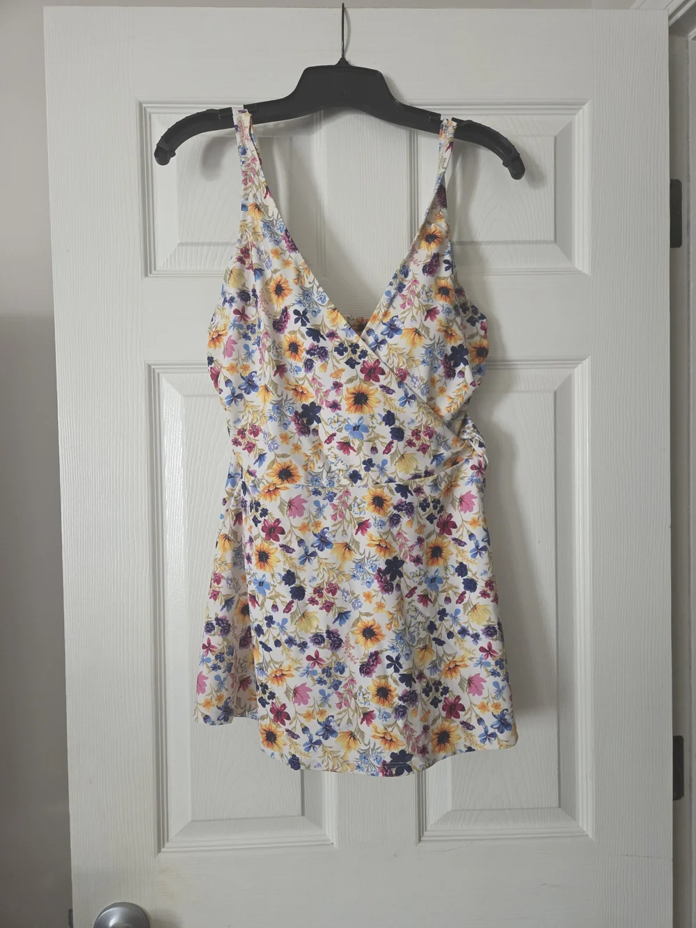 Floral Wrap-Front Swimsuit in White with Yellow & Purple Flowers